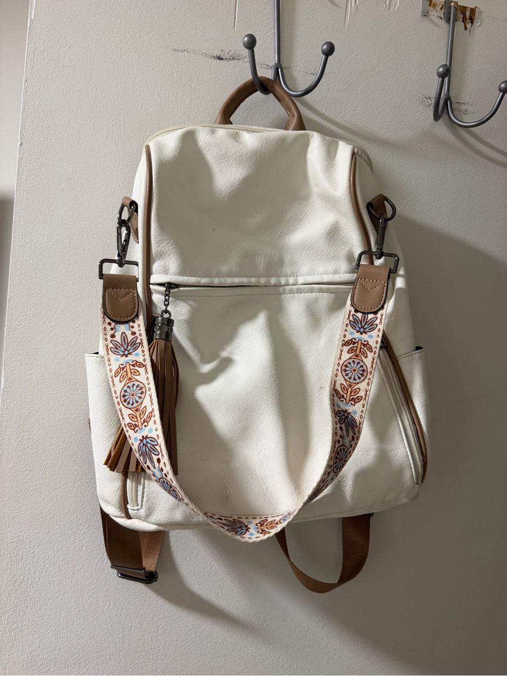 White Faux Leather Backpack with Decorative Strap
